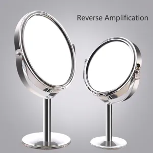 European Double Sided HD Magnifying Makeup Mirror Rotating Desktop Table Mirror Metallic Texture Silver Vanity Mirror For Bedroom Dormitory
