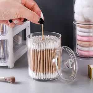 Transparent acrylic cotton swab holder with dustproof lid for vanity tabletop organizer