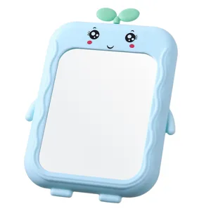 Cute cartoon desktop makeup mirror with light blue frame and green sprout ornament