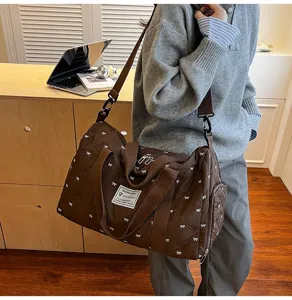 Brown quilted duffel travel bag with cute bow patterns, lightweight waterproof gym shoulder bag
