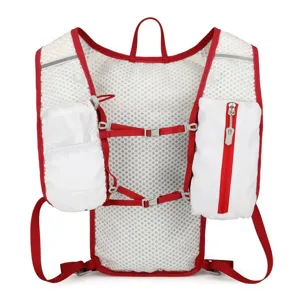 Lightweight marathon hydration vest with red trim and breathable white mesh design.