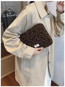 Trendy leopard print plush laptop sleeve for iPad and notebook computers storage