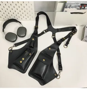 Black tactical vest chest bag with multiple pockets for techwear and cycling lifestyle