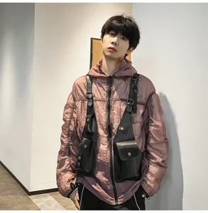 Black tactical vest chest bag shown on an Asian male model for a functional techwear look