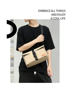 Stylish men's khaki crossbody messenger bag worn by a model for a trendy commuter look