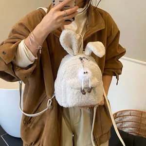 Linda mochila de peluche con orejas de conejo para niñas en suave piel sintética blanca