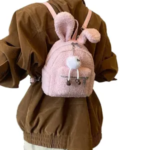 Mochila linda de peluche rosa con orejas de conejo para niñas y pompón