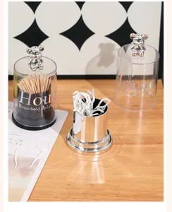 Creative luxury acrylic toothpick and cotton swab holder with silver bear lid detail