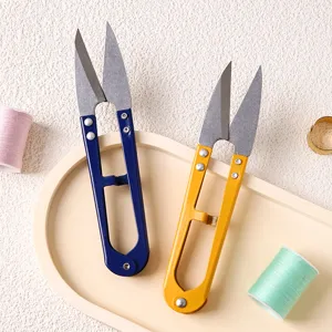 High carbon steel U-shaped sewing thread snips in blue and yellow for embroidery
