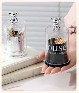 Detailed macro view of a luxury clear cotton swab holder with a silver bear lid ornament