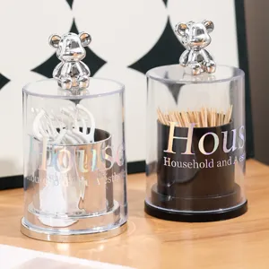 Light Luxury Bear Handle Cotton Swab Holder Transparent PET Plastic Toothpick Storage Box Dustproof Organizer For Home Bathroom