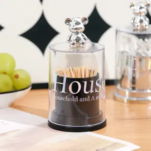 Luxury transparent toothpick holder with a decorative silver chrome bear lid handle