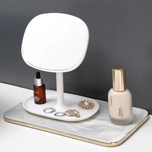 Elegant minimalist white square desktop makeup mirror with integrated jewelry tray base
