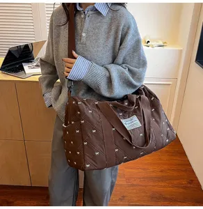 Quilted travel duffel bag brown bow pattern casual weekender carry-on bag for women gym sport
