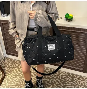 Black quilted travel duffel bag lightweight casual weekender shoulder handbag sport