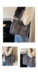 Large gray corduroy tote bag for women shown from multiple lifestyle angles for commuting