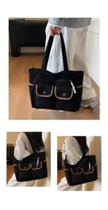 Detailed view of black corduroy tote bag with multiple pockets for daily commuting