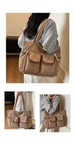 Multi-angle details of a large capacity corduroy tote bag featuring multiple outer pockets.