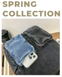 Macro detail of a black denim backpack showing a blue pouch with a smartphone inside.