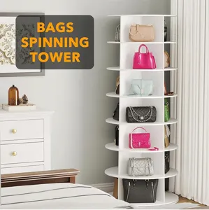 White 7-tier 360-degree rotating bag storage tower for bedroom and living room organization