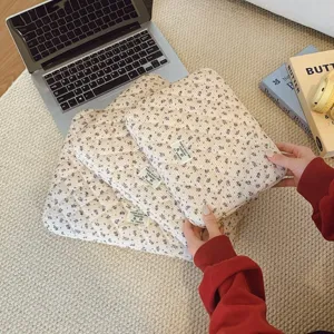 Korean Fashion Floral Quilted Laptop Sleeve Padded Corduroy Tablet Bag Soft Protective Computer Case For Women Travel Office