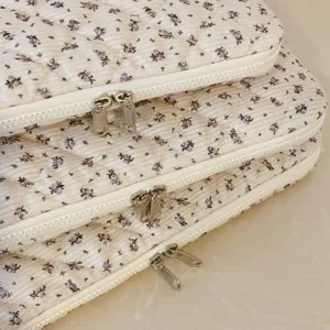 Stylish floral quilted laptop sleeve and tablet organizer bag with dual zipper closure