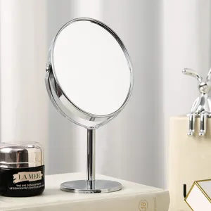 Silver desktop double-sided makeup mirror with a rotatable circular design