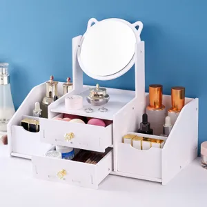 Organisateur de maquillage avec miroir oreilles de chat et tiroirs de rangement