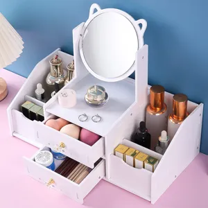 Organisateur de maquillage blanc avec miroir oreilles de chat et tiroirs