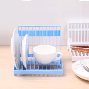 Foldable light blue plastic dish drying rack and cup holder for kitchen storage