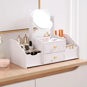Organisateur de maquillage blanc avec deux tiroirs et miroir rond pour bureau