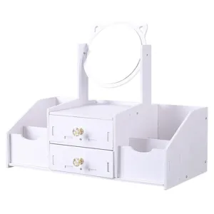 Organisateur de maquillage blanc avec deux tiroirs et miroir de courtoisie en forme de chat