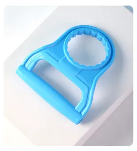 Detail of blue labor-saving plastic handle for bottled water