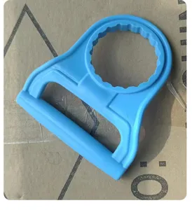 Detailed view of a blue ergonomic labor-saving handle for carrying heavy bottled water