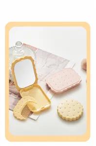Adorable biscuit shaped portable folding makeup mirror and comb set for travel use