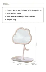 Detail view of the cloud-shaped rhinestone desktop makeup mirror with full dimensions