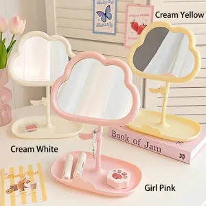 Cloud-shaped desktop vanity mirror with rotatable storage base in three colors