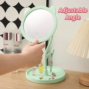 Miroir de maquillage rotatif vert oreilles de chat avec plateau de rangement bijoux
