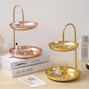 Moderne luxe 2-laags ijzeren sieradentray en cosmetica organizer in goud en roségoud
