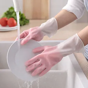 Duurzame roze en witte waterdichte PVC-huishoudhandschoenen voor afwassen en schoonmaken