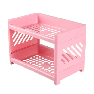 Organizzatore da scrivania a 2 livelli in plastica rosa per cosmetici e ufficio scrivania