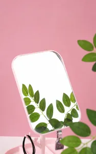 Dettaglio di uno specchio da trucco rosa con base portaoggetti e riflesso nitido
