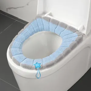 Soft knitted toilet seat cover with star handle blue and grey bathroom warmer pad