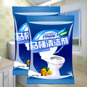 Macro detail of two blue 35g toilet cleaner packets with lemon and toilet graphics.