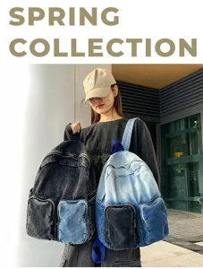 Stylish denim patchwork backpack shown by a model in a trendy street style look