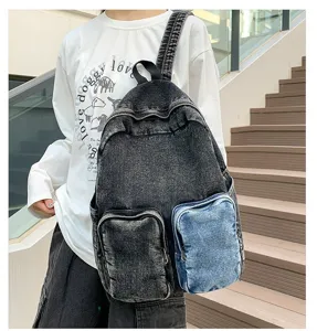 Detailed macro view of high-quality washed denim backpack with blue contrast pocket