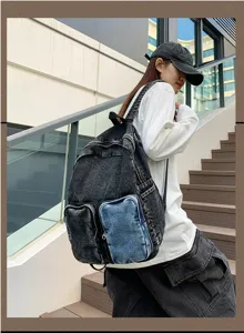 Large capacity denim backpack for women shown in a stylish outdoor lifestyle setting