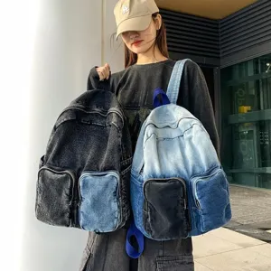 Stylish large capacity denim backpacks in black and light blue for women travel.