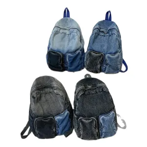 Stylish women's denim backpacks in four distinct blue and black washes for travel