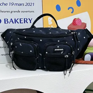 Detail of black water-resistant nylon waist bag with star patterns and multi-pockets